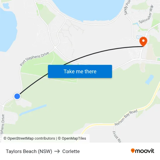 Taylors Beach (NSW) to Corlette map