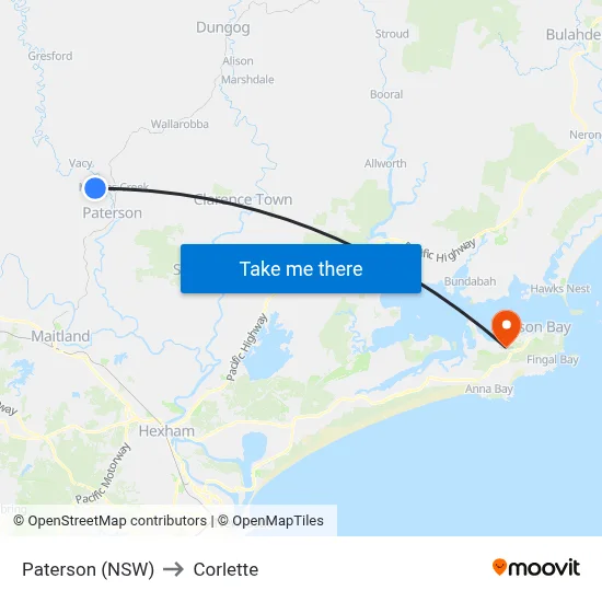 Paterson (NSW) to Corlette map