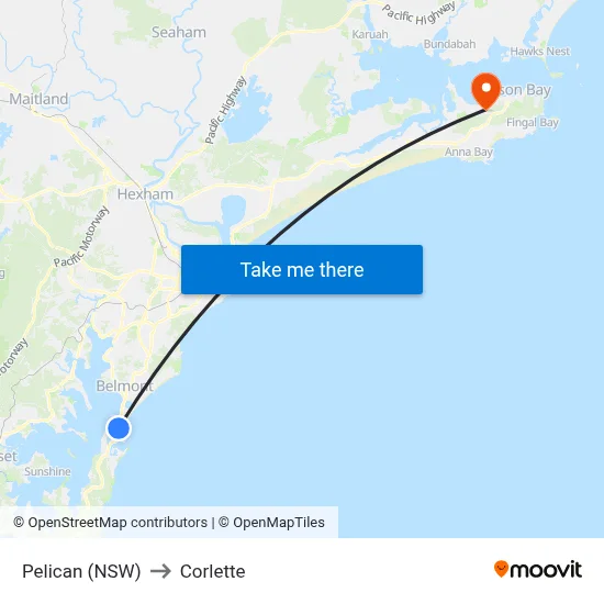 Pelican (NSW) to Corlette map