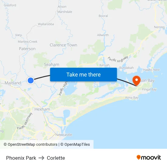 Phoenix Park to Corlette map