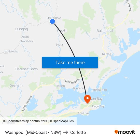 Washpool (Mid-Coast - NSW) to Corlette map