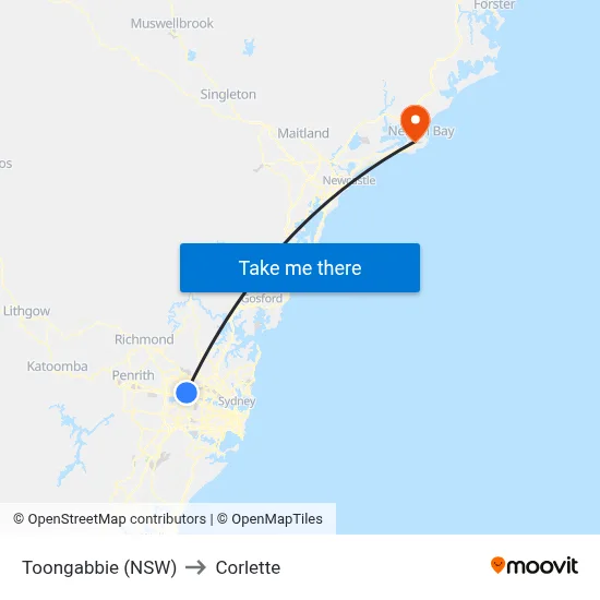 Toongabbie (NSW) to Corlette map