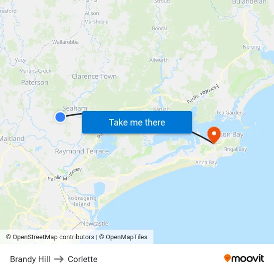 Brandy Hill to Corlette map