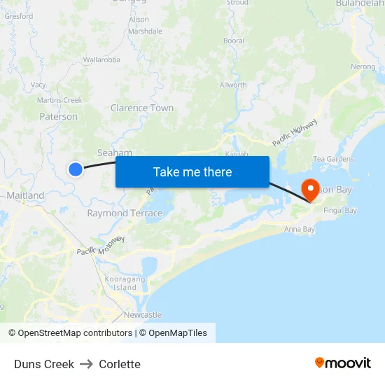 Duns Creek to Corlette map