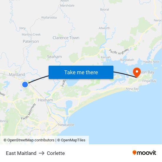 East Maitland to Corlette map