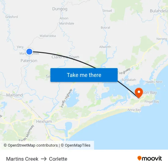 Martins Creek to Corlette map