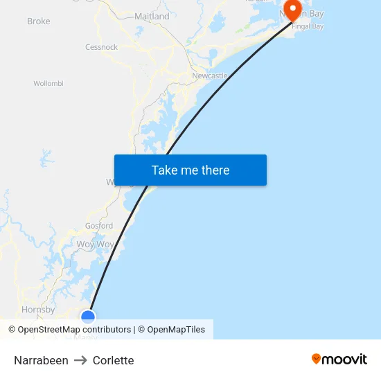 Narrabeen to Corlette map