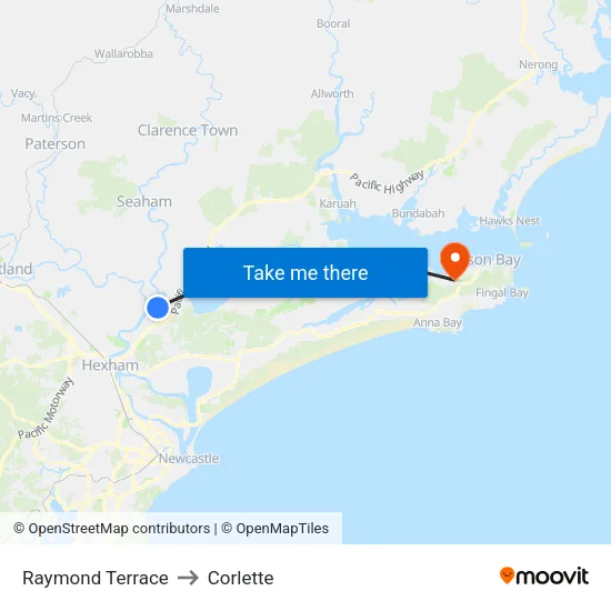Raymond Terrace to Corlette map
