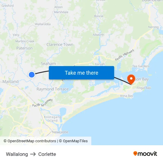 Wallalong to Corlette map