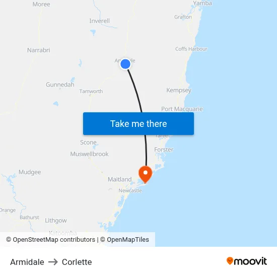 Armidale to Corlette map