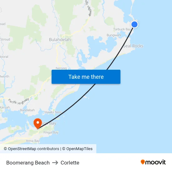Boomerang Beach to Corlette map