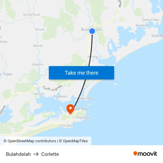 Bulahdelah to Corlette map