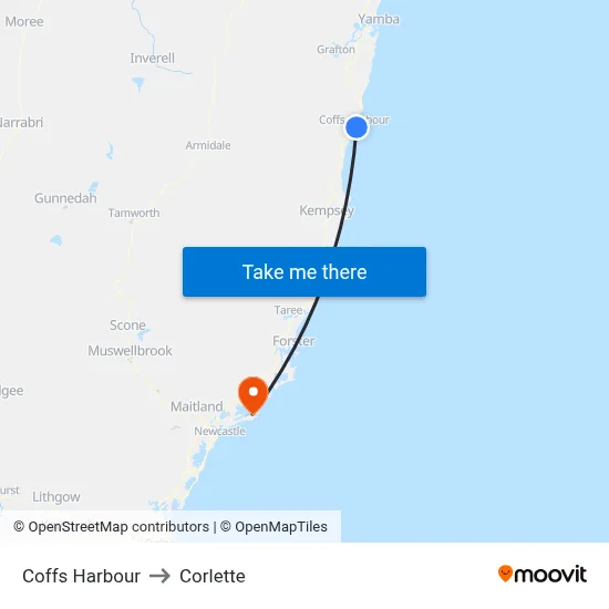 Coffs Harbour to Corlette map