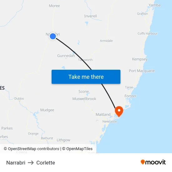 Narrabri to Corlette map