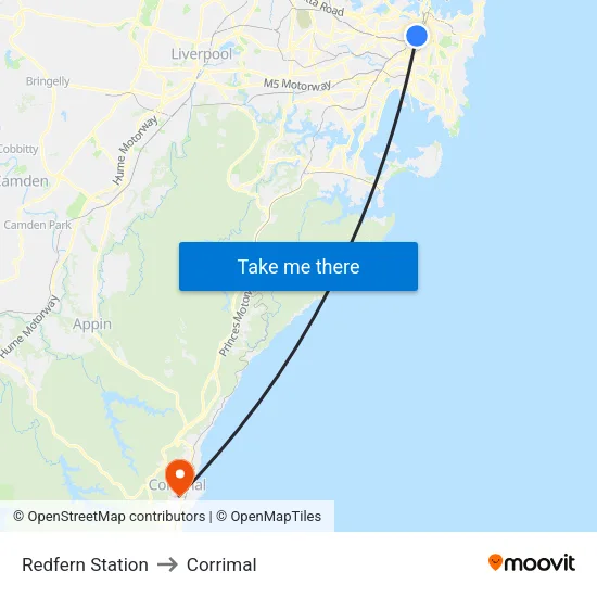 Redfern Station to Corrimal map