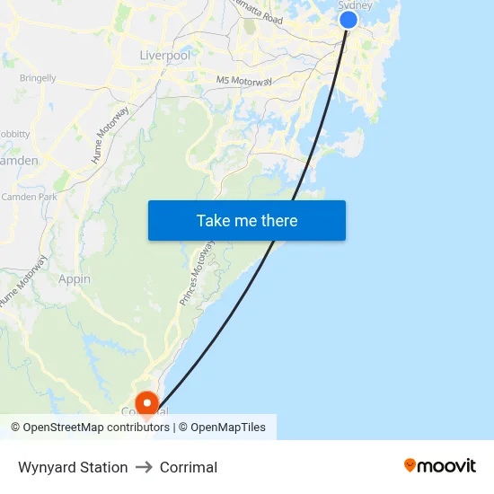 Wynyard Station to Corrimal map