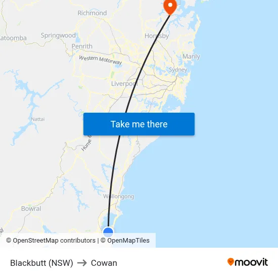 Blackbutt (NSW) to Cowan map