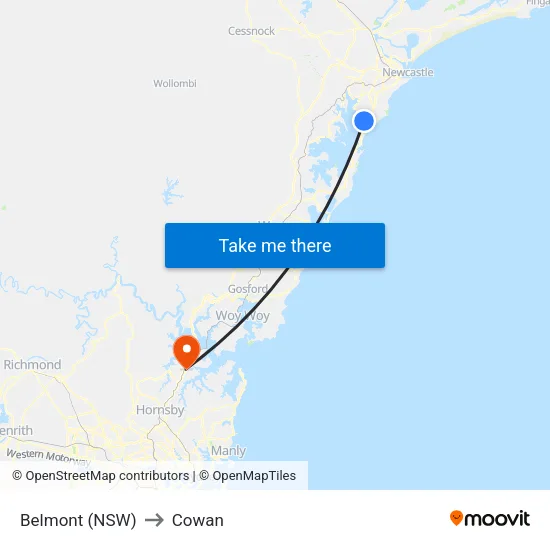 Belmont (NSW) to Cowan map