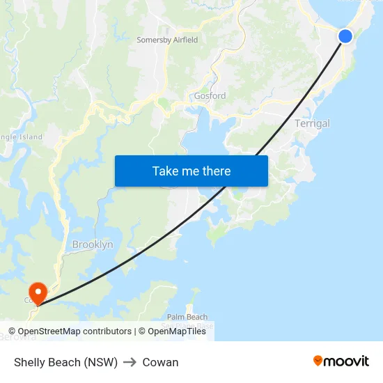 Shelly Beach (NSW) to Cowan map
