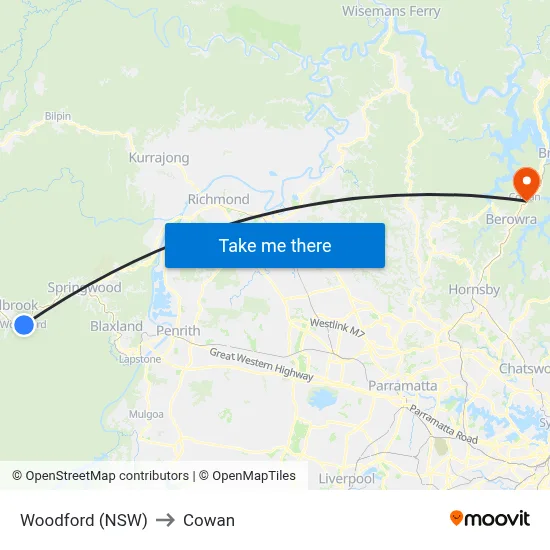 Woodford (NSW) to Cowan map