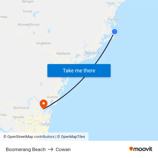 Boomerang Beach to Cowan map
