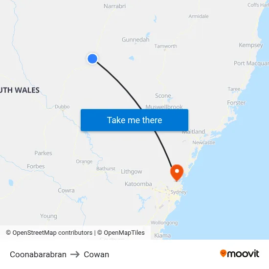 Coonabarabran to Cowan map