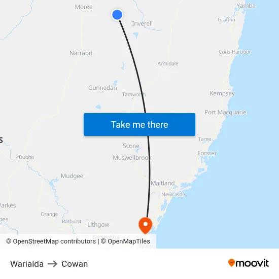 Warialda to Cowan map