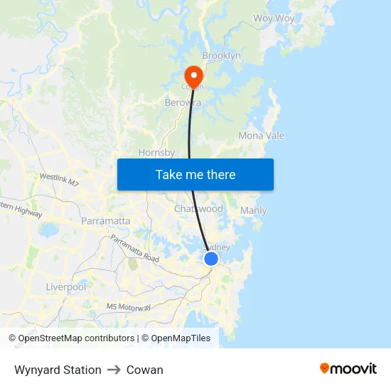 Wynyard Station to Cowan map
