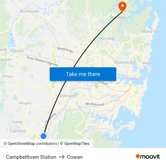 Campbelltown Station to Cowan map