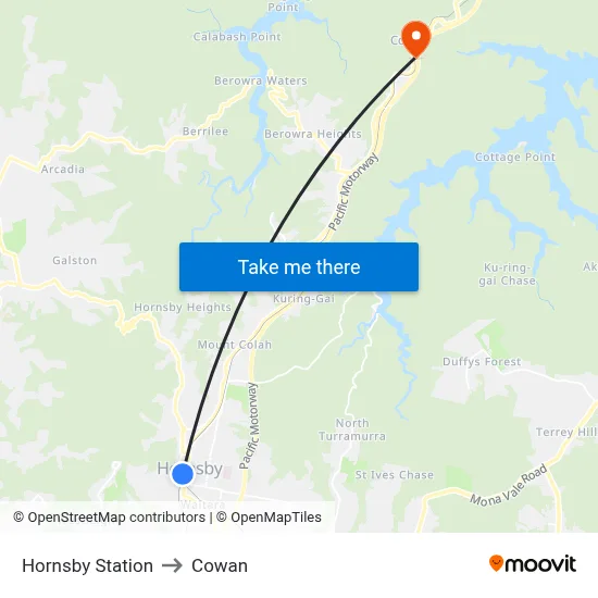 Hornsby Station to Cowan map