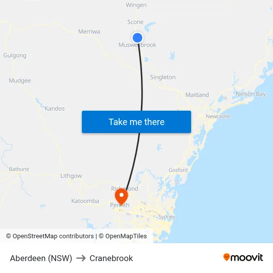 Aberdeen (NSW) to Cranebrook map