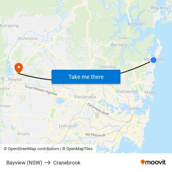 Bayview (NSW) to Cranebrook map