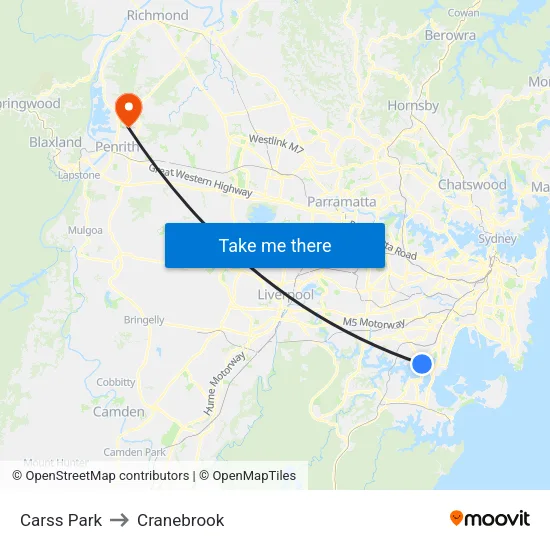 Carss Park to Cranebrook map