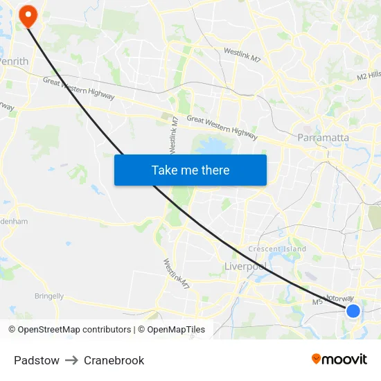 Padstow to Cranebrook map