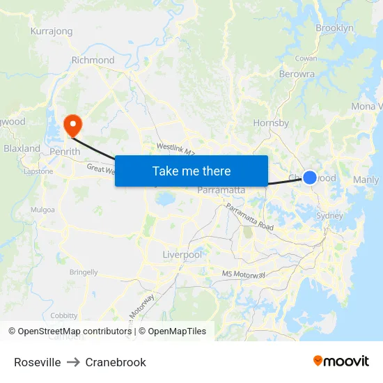 Roseville to Cranebrook map