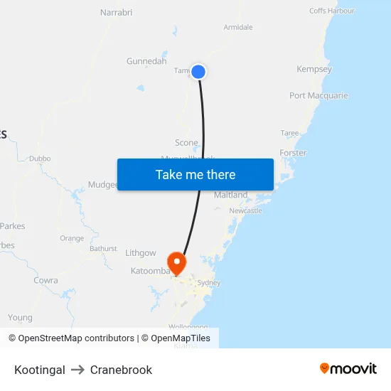 Kootingal to Cranebrook map
