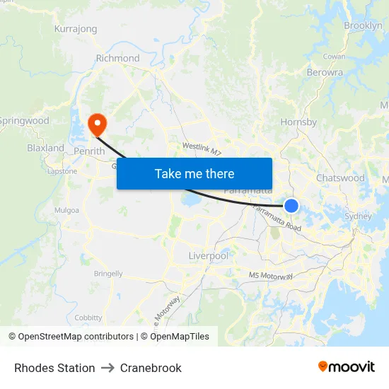 Rhodes Station to Cranebrook map