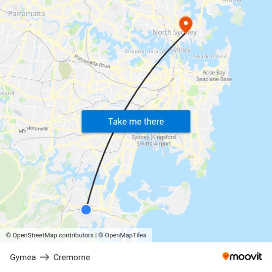 Gymea to Cremorne map