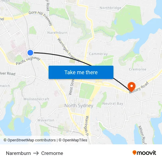 Naremburn to Cremorne map