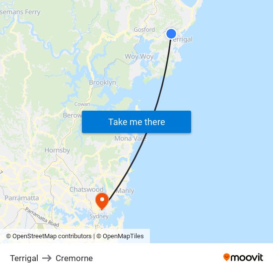 Terrigal to Cremorne map