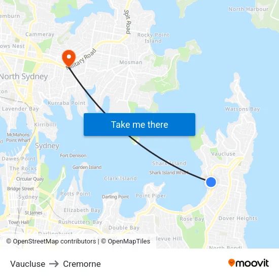 Vaucluse to Cremorne map
