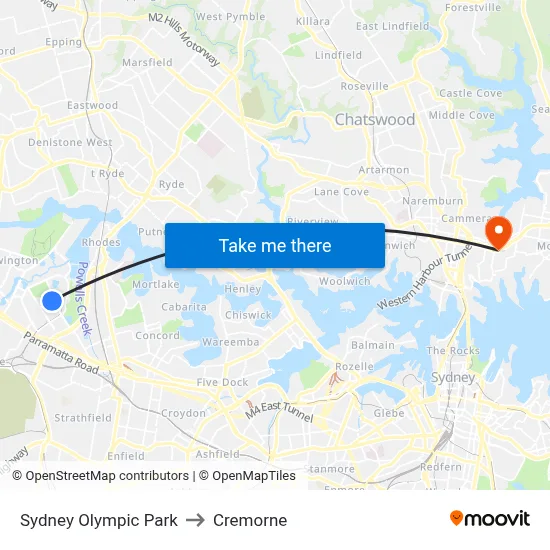 Sydney Olympic Park to Cremorne map