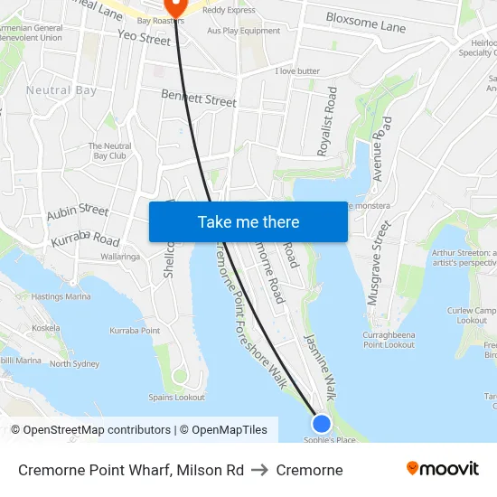 Cremorne Point Wharf, Milson Rd to Cremorne map