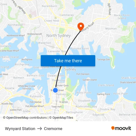 Wynyard Station to Cremorne map