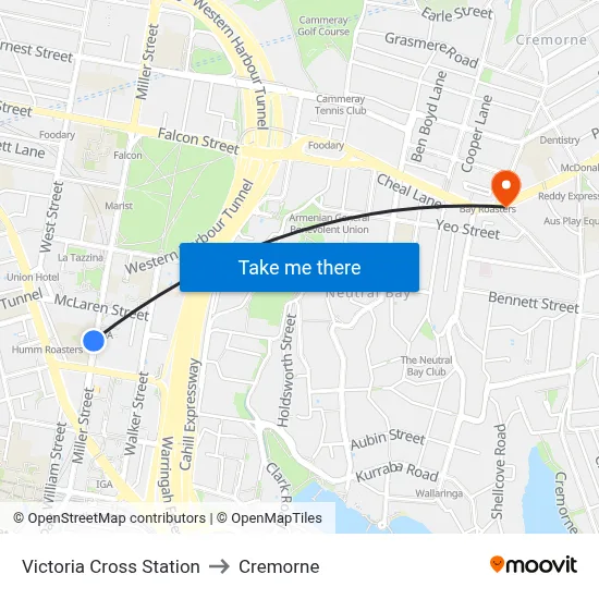 Victoria Cross Station to Cremorne map