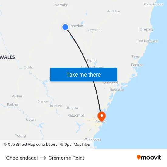 Ghoolendaadi to Cremorne Point map