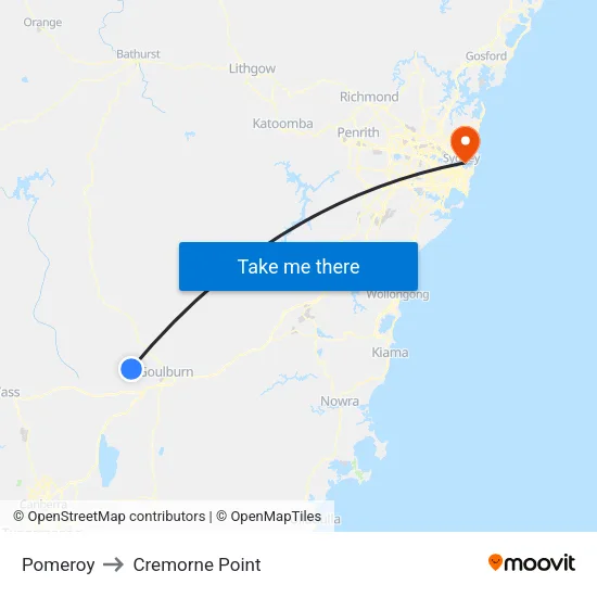 Pomeroy to Cremorne Point map