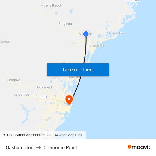 Oakhampton to Cremorne Point map