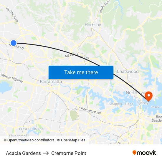 Acacia Gardens to Cremorne Point map