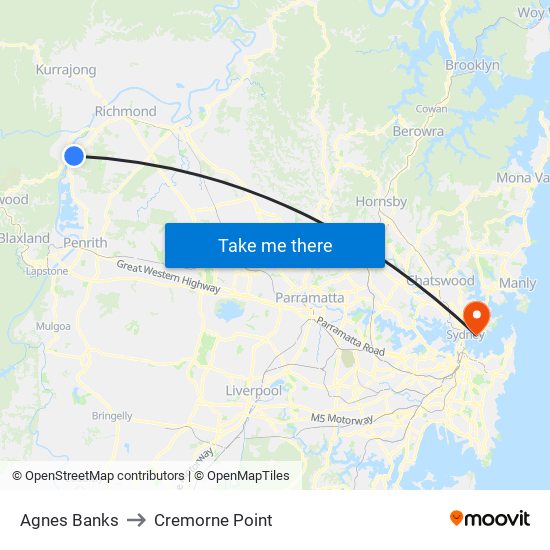 Agnes Banks to Cremorne Point map
